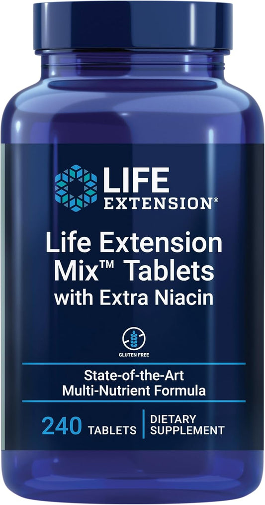 Life Extension Mix™ Comprimidos con Niacina Extra, Fórmula Avanzada de Vitaminas, Minerales, Frutas y Verduras, Alta Potencia, Sin Gluten, 240 Comprimidos