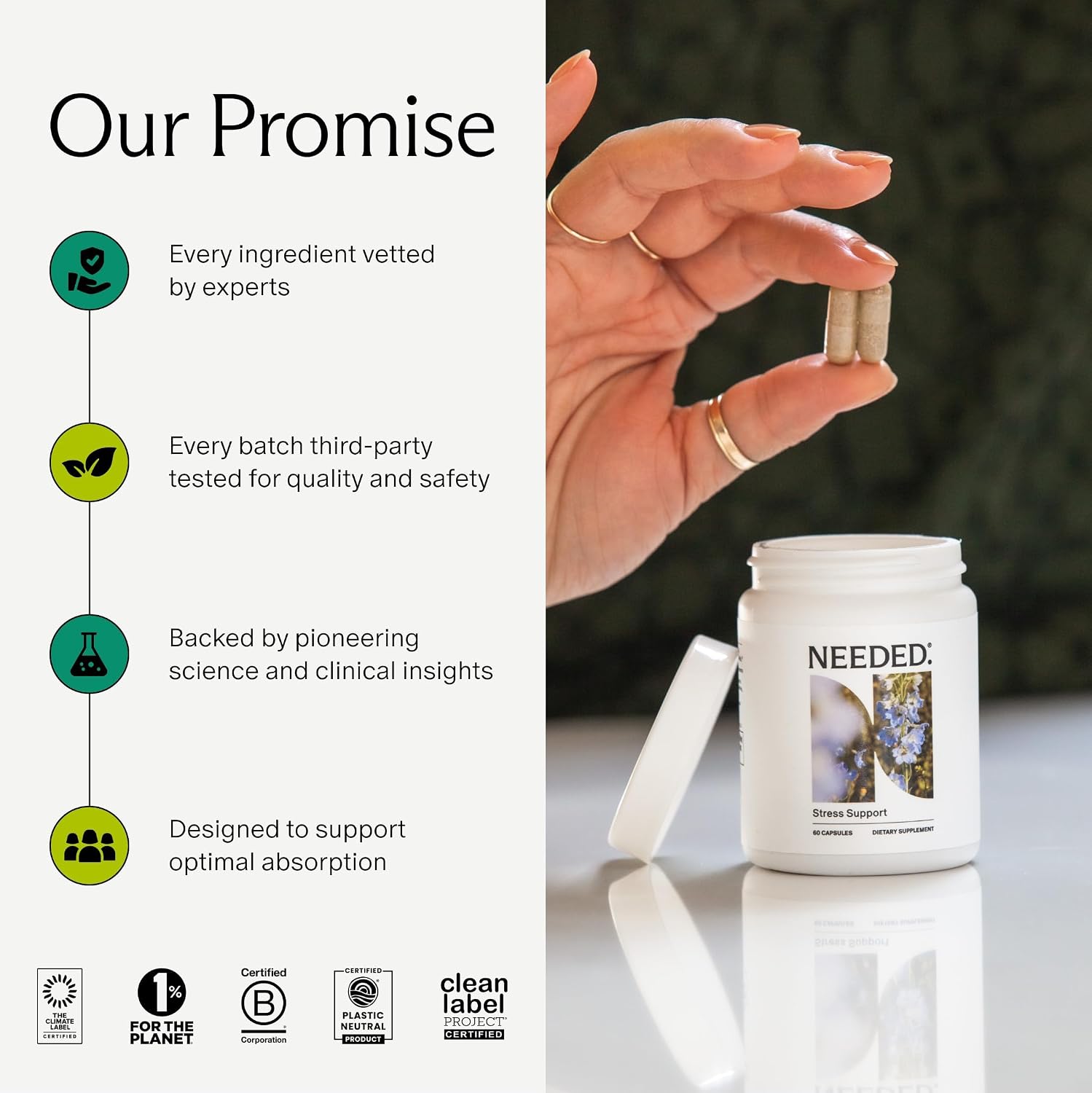 Needed. Stress Support - Mezcla Herbolaria para el Estado de Ánimo, Energía y Equilibrio Hormonal para Mujeres - Suplemento de Shatavari, Ashwagandha, Rhodiola - No OGM - 120 Cápsulas