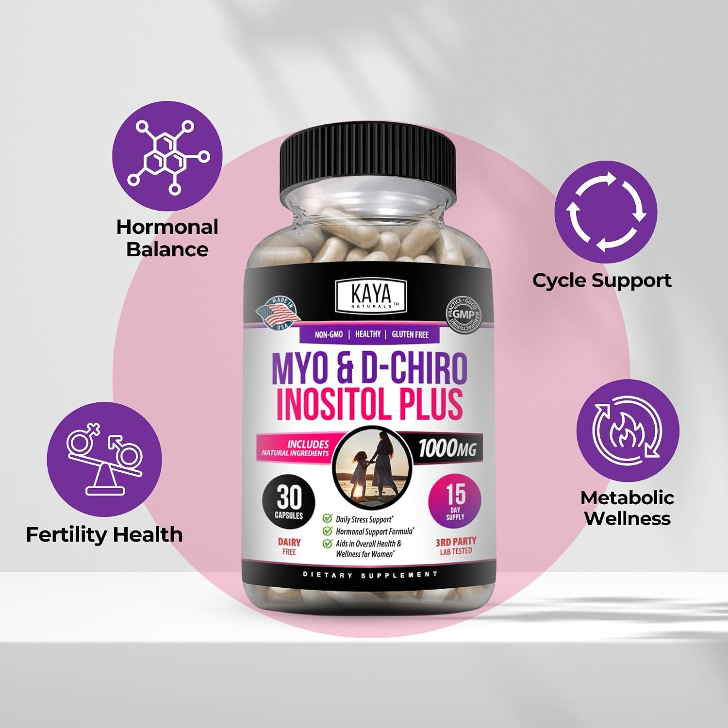 Kaya Naturals Myo y D-Chiro Inositol Plus para Mujeres, Vitamina B8 - 30 Cápsulas