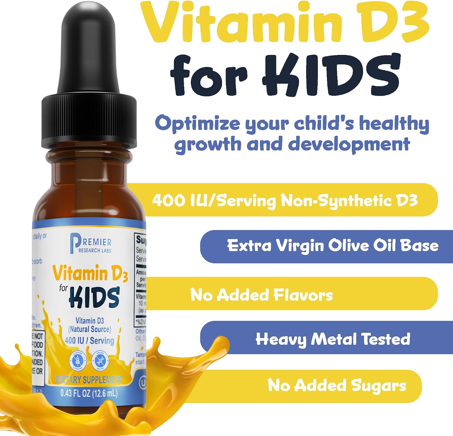 Premier Research Labs Vitamin D3 para Niños - Gotas de Vitamina D para Bebés y Niños, 400 UI por Dosis