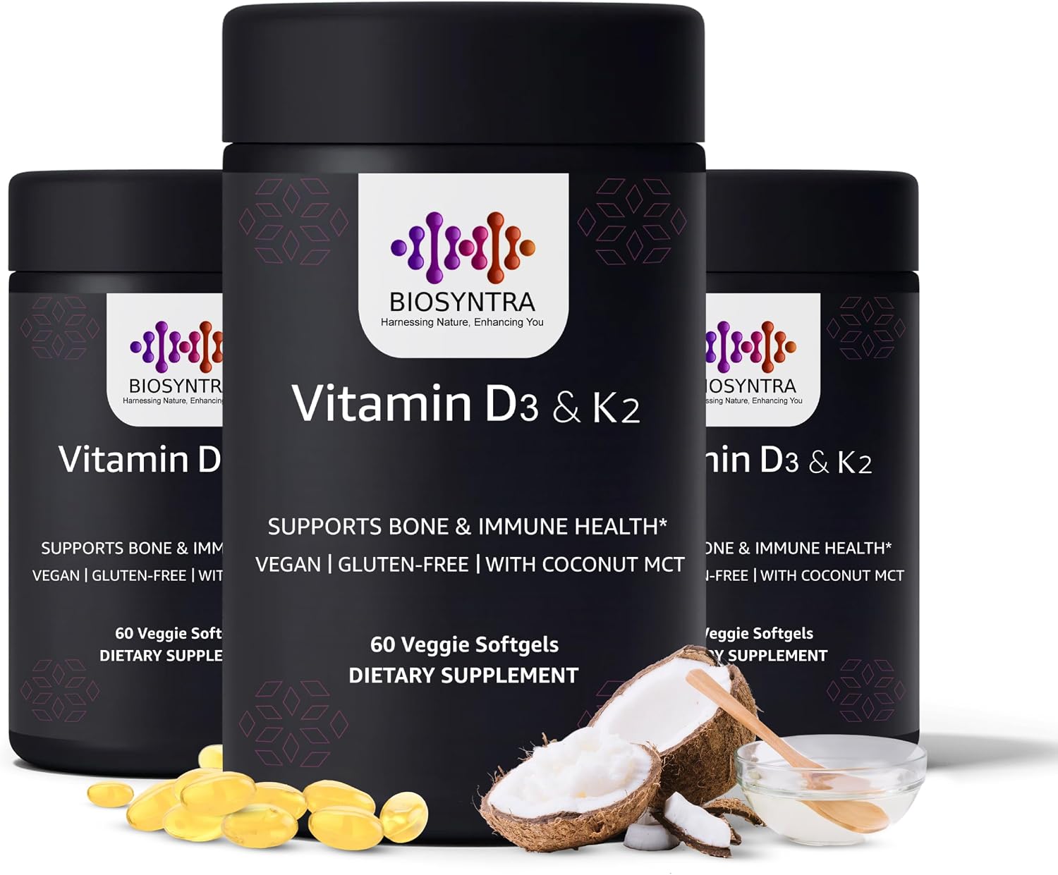 Biosyntra Vitamina D3+K2 con Aceite de Coco - 5000 UI D3 y 110 mcg K2 MK-7, Vegano, No GMO, 60 Cápsulas Blandas