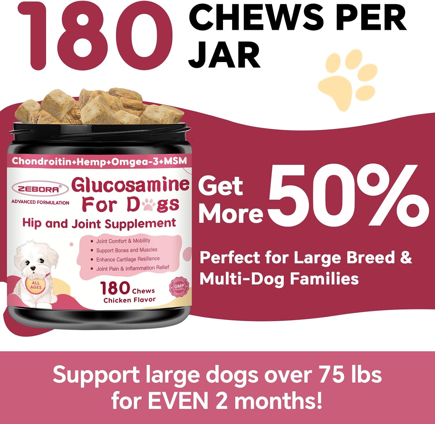 Suplemento para Articulaciones y Cadera para Perros con Glucosamina, MSM, Condroitina, Omega-3 y Cúrcuma - 180 Golosinas Liofilizadas