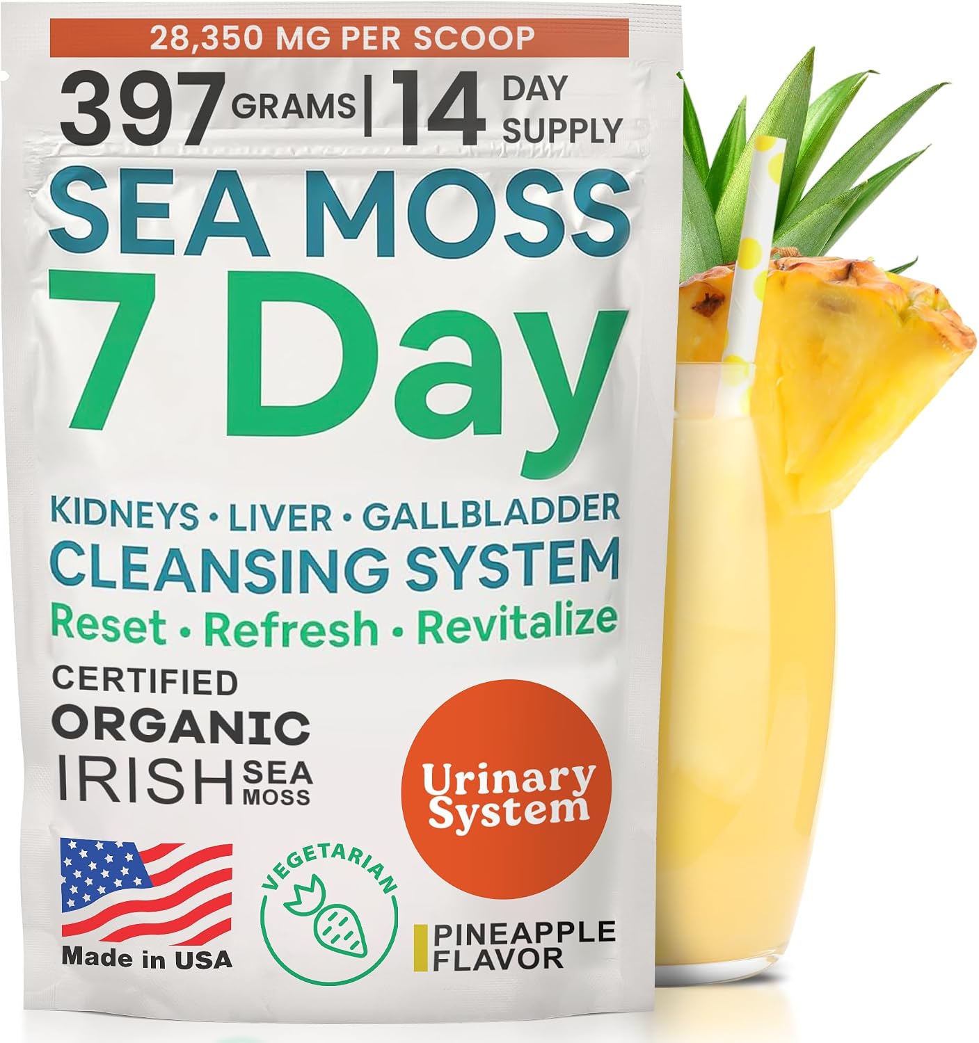 Atlantic Naturals Sea Moss 7 Day Detox - Depuración Natural de Hígado, Vesícula y Riñones - Sabor Piña (397g)