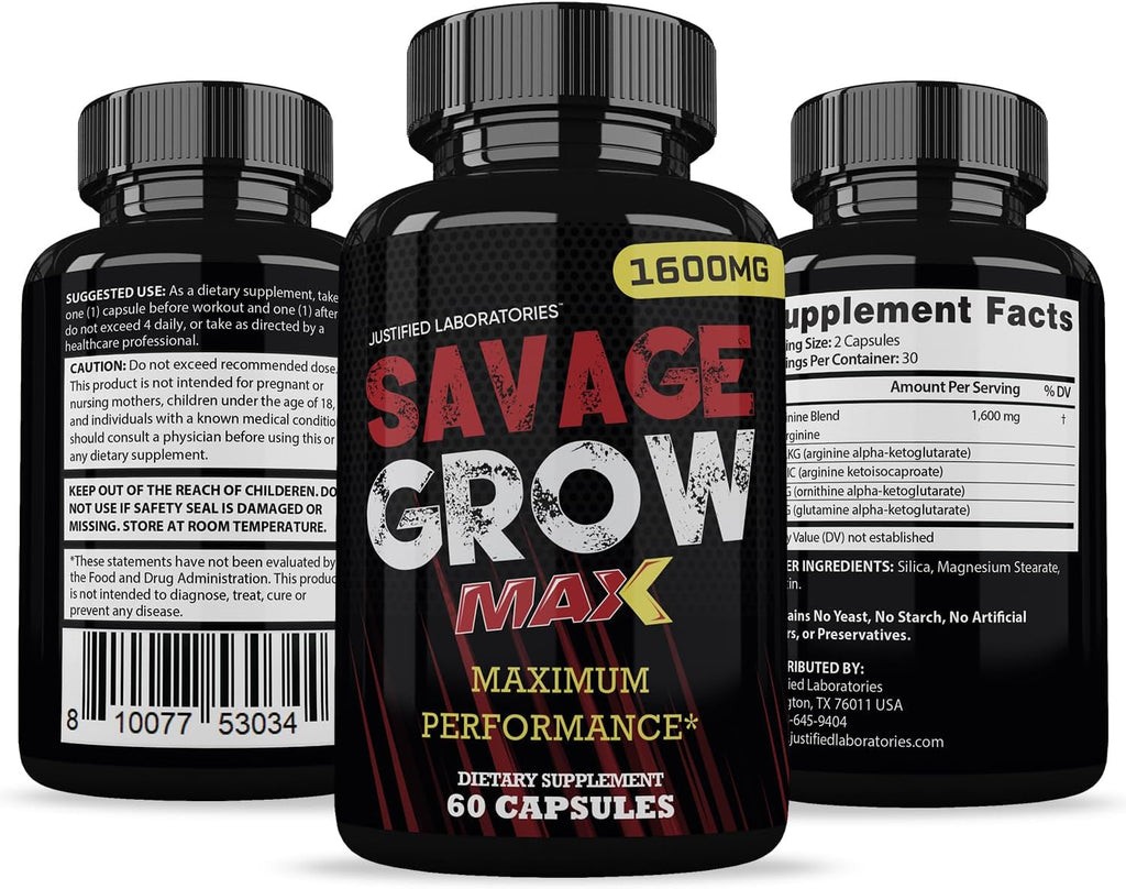 (2 Paquete) Savage Grow Max 1600MG Fórmula Avanzada para la Salud Masculina 120 Cápsulas
