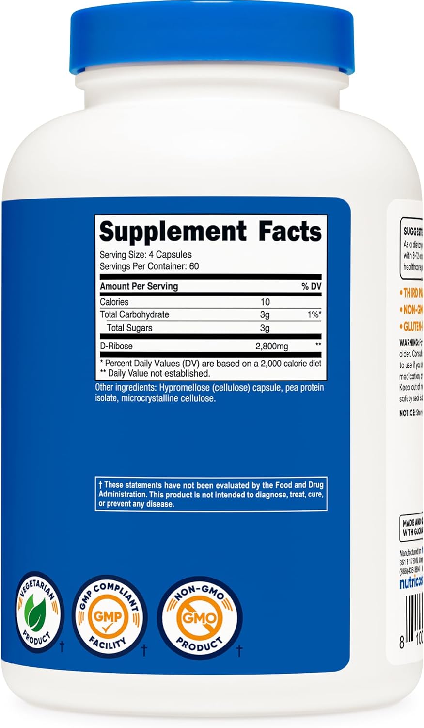 Nutricost D-Ribosa 700mg (2800mg por ración), 240 Cápsulas - Vegetariano, No Transgénico, Sin Gluten