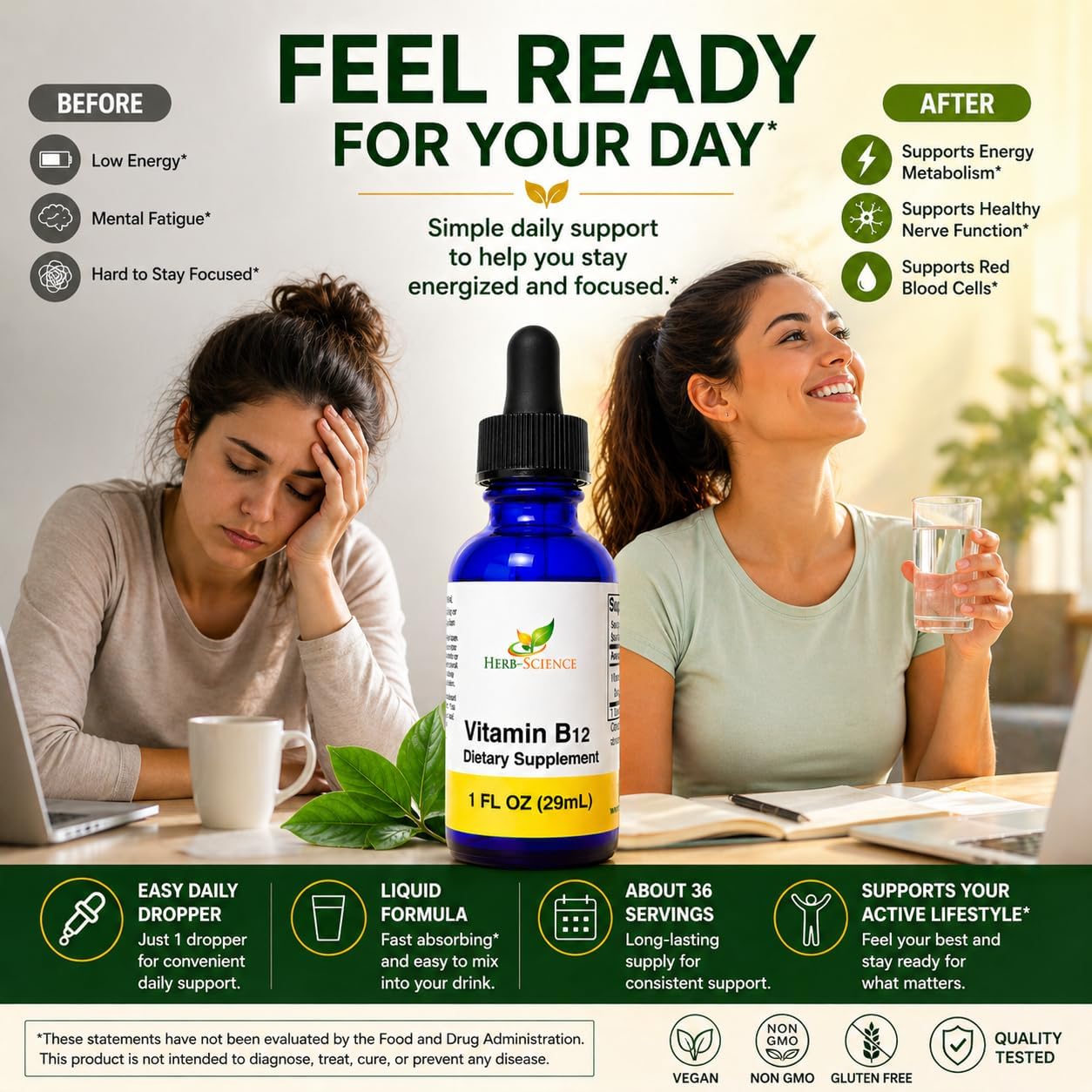 Herb-Science Vitamina B12 Líquida – Gotas Sublinguales de Cianocobalamina, Vegano, Sin Alcohol, 30 ml
