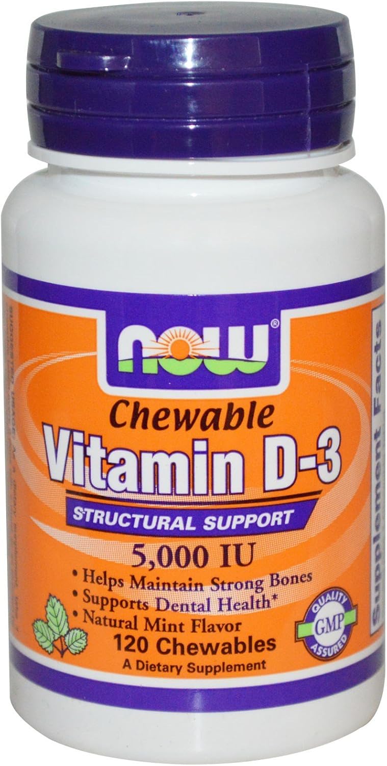 NOW Foods Vitamina D-3, 5000 UI, 120 Masticables Sabor Menta