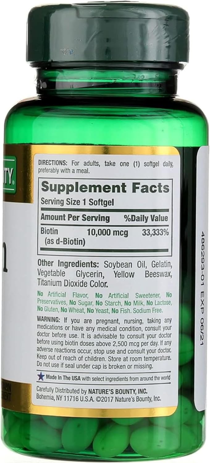 Nature's Bounty Biotina 10000 mcg Ultra Strength, Cápsulas blandas de liberación rápida, 120 unidades (Pack de 2)