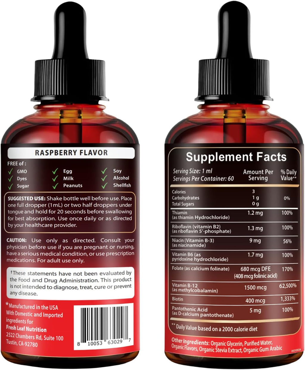 Vitamina B12 con Complejo B 20 mg - Gotas Líquidas Sabor Frambuesa - Vegano, Sublingual - Metilcobalamina - 4 Meses de Suministro
