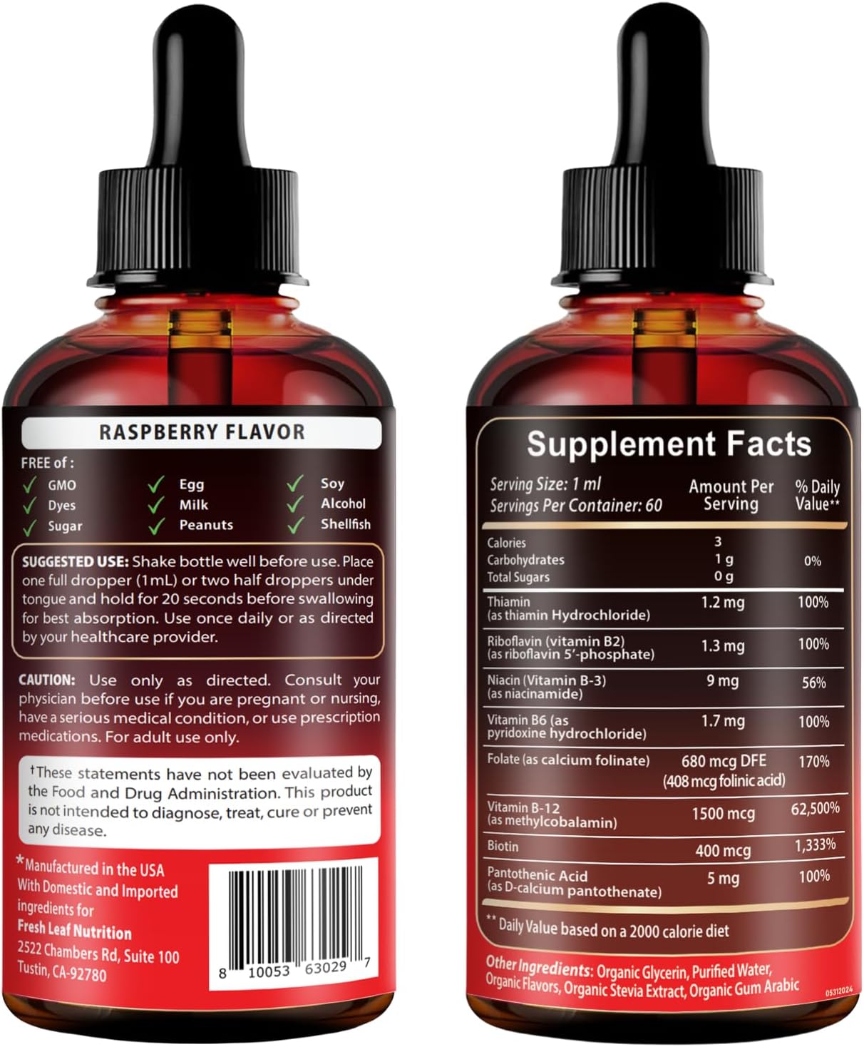 Vitamina B12 con Complejo B 20 mg - Gotas Líquidas Sabor Frambuesa - Vegano, Sublingual - Metilcobalamina - 4 Meses de Suministro