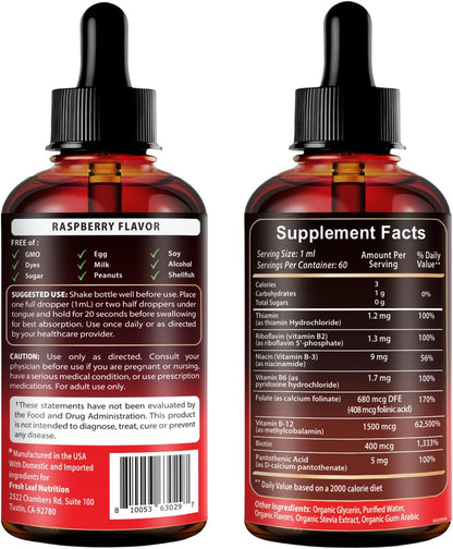 Vitamina B12 con Complejo B 20 mg - Gotas Líquidas Sabor Frambuesa - Vegano, Sublingual - Metilcobalamina - 4 Meses de – Image 8