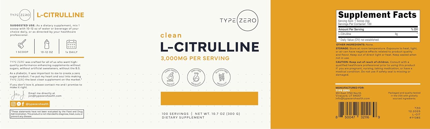 Type Zero L-Citrulina Base en Polvo, 3.000 mg por ración - 100 raciones