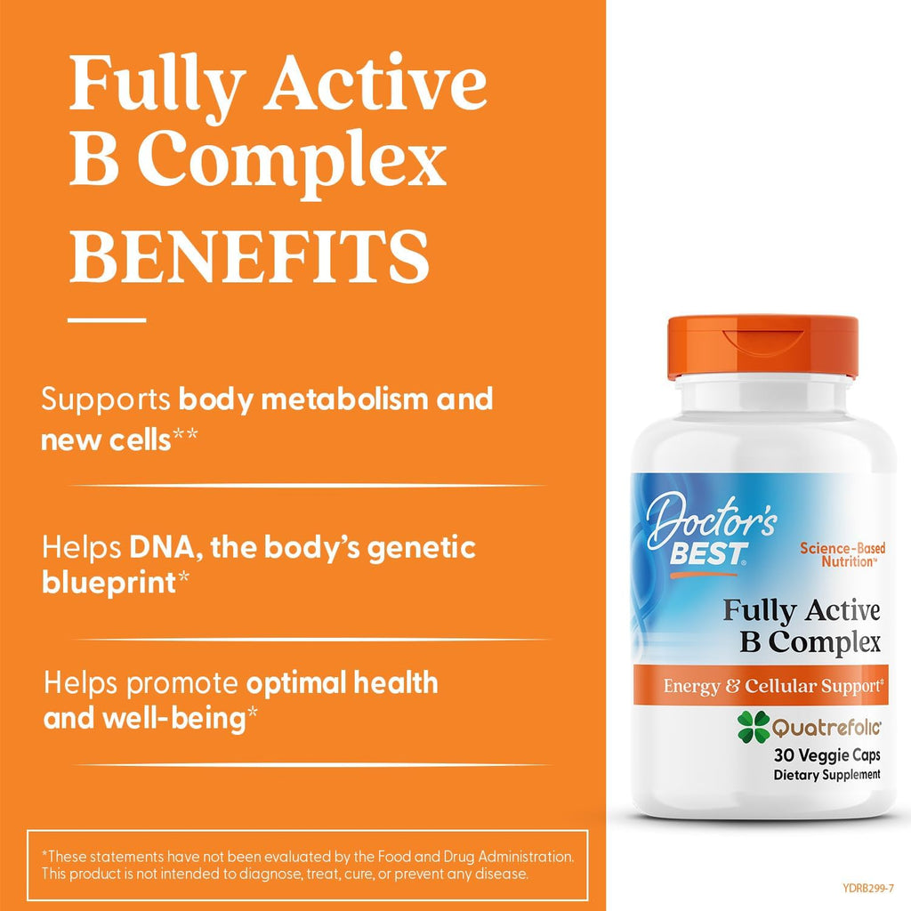 Doctor's Best Complejo Vitamínico B Totalmente Activo - Complejo B con B12 metilada y folato - 30 cápsulas veganas