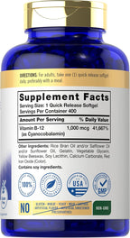 Carlyle Vitamina B12 1000 mcg Absorbible | 400 Cápsulas Blandas | Sin Gluten y No-GMO