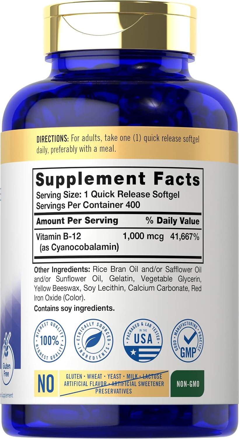 Carlyle Vitamina B12 1000 mcg Absorbible | 400 Cápsulas Blandas | Sin Gluten y No-GMO