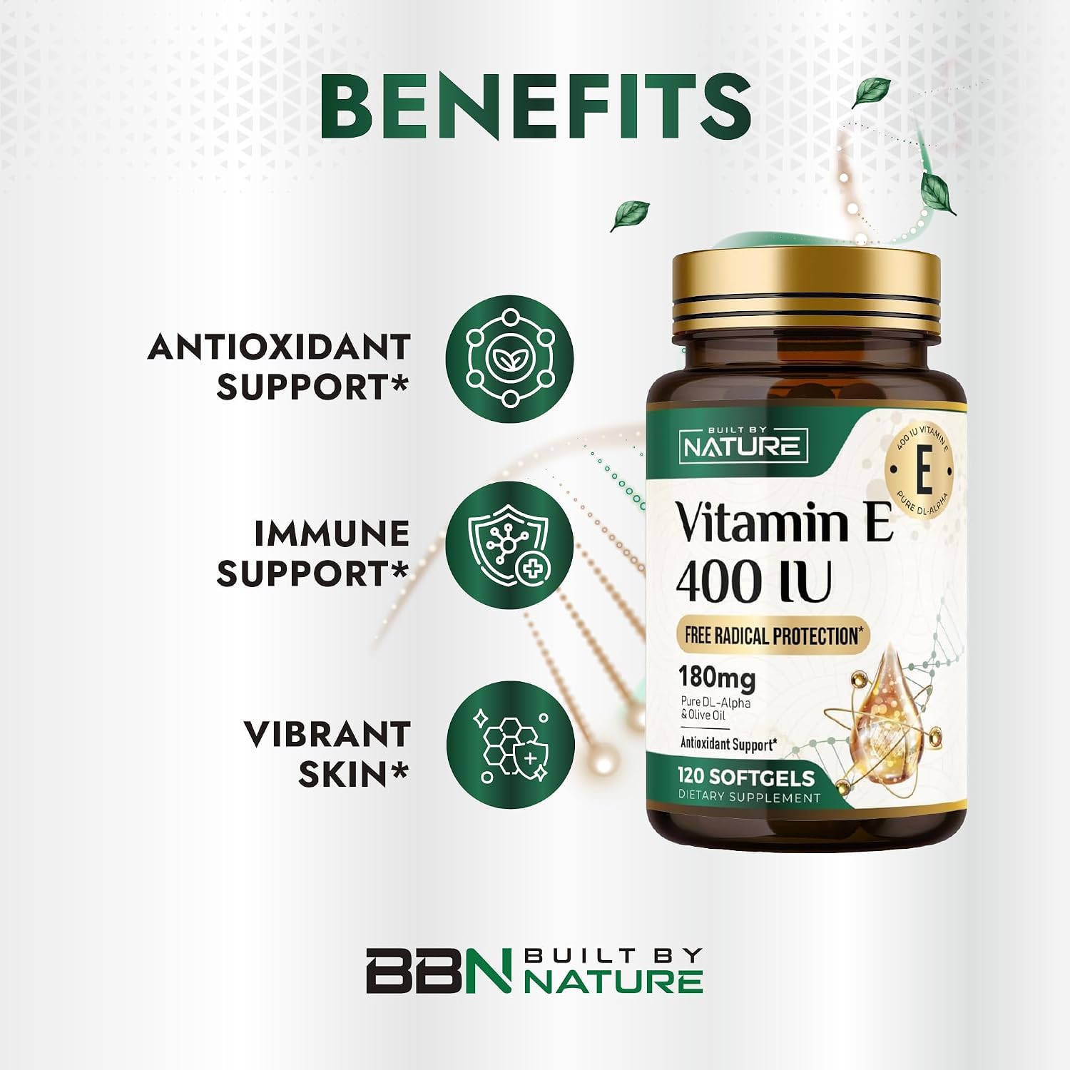 Vitamina E con Aceite de Oliva 400 UI, 120 Cápsulas Blandas - Built by Nature
