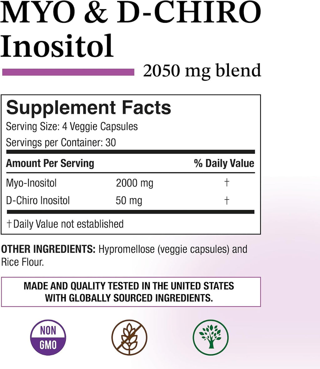 Puregen Labs Inositol Supplement | Myo Inositol & D-Chiro Inositol 2050mg - 240 Cápsulas Vegetales (2 Pack)