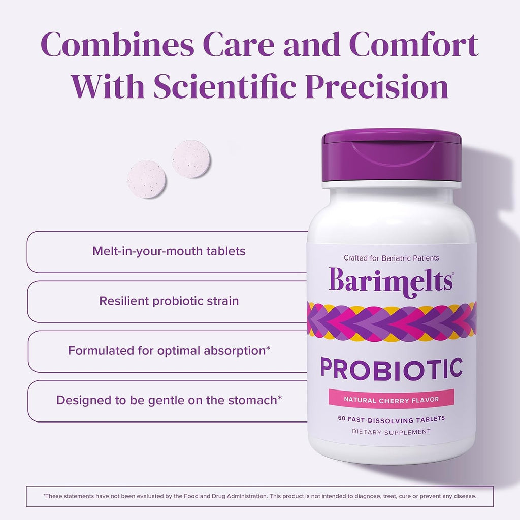 BariMelts Probiotic, 5 Billion CFU - 60 Rapid Dissolve Tablets (2-Month Supply) - Sugar-Free Probiotic for Women, Supports Gut Health after Bariatric Surgery, Natural Cherry Flavor
