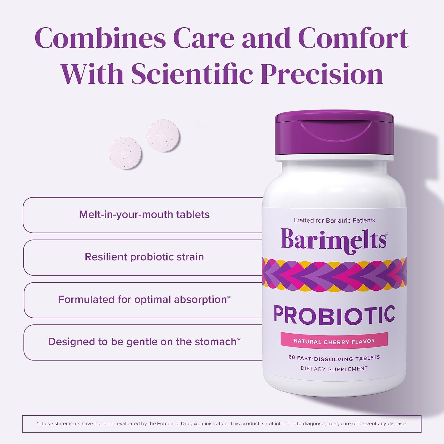 BariMelts Probiotic, 5 Billion CFU - 60 Rapid Dissolve Tablets (2-Month Supply) - Sugar-Free Probiotic for Women, Supports Gut Health after Bariatric Surgery, Natural Cherry Flavor