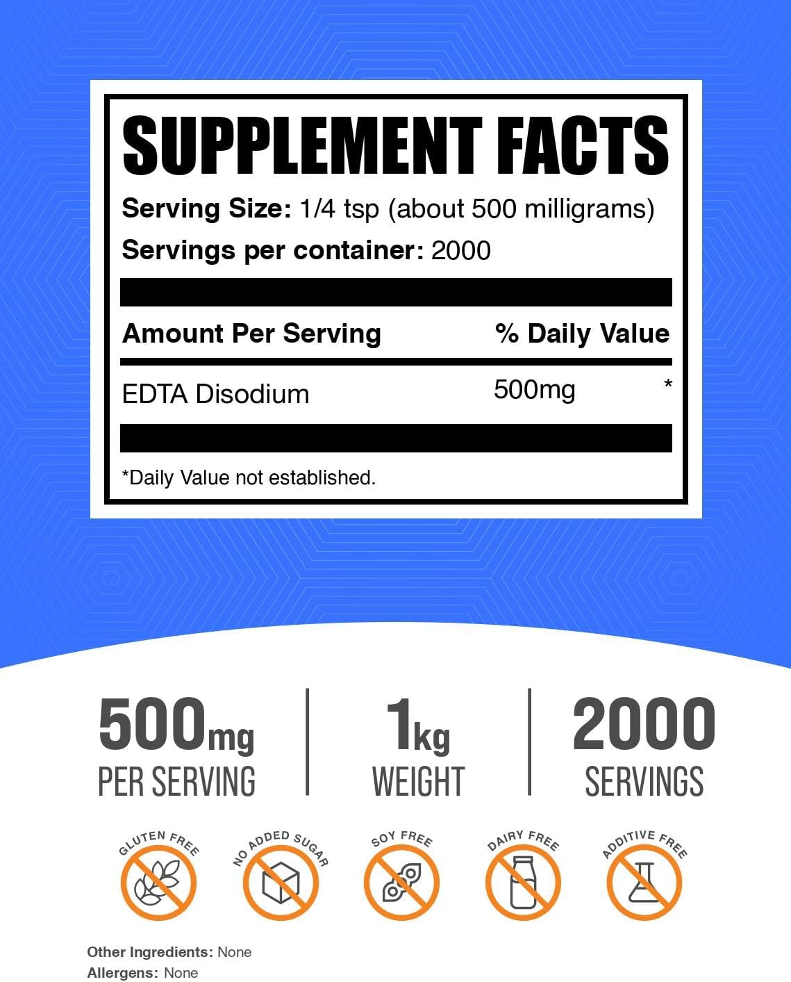 Disodium EDTA Powder - 1 kg (2.2 lbs) - Food Grade, Pure and Gluten Free