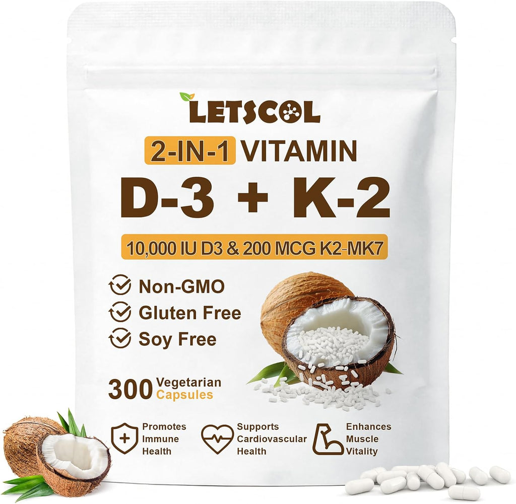 LETSCOL 2-en-1 Vitamina D3 K2 Softgel, 10000 UI de Vitamina D3 y 200 mcg de Vitamina K2 MK-7