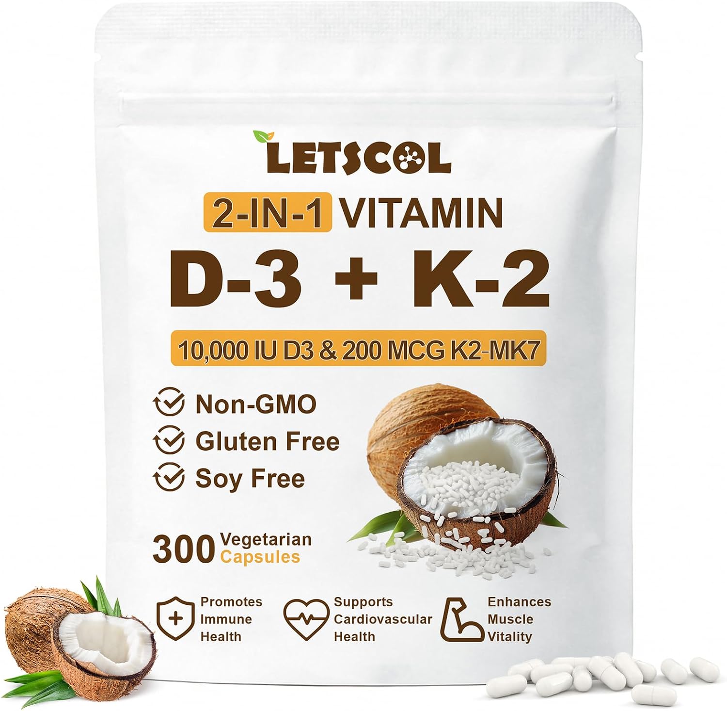 LETSCOL 2-en-1 Vitamina D3 K2 Softgel, 10000 UI de Vitamina D3 y 200 mcg de Vitamina K2 MK-7