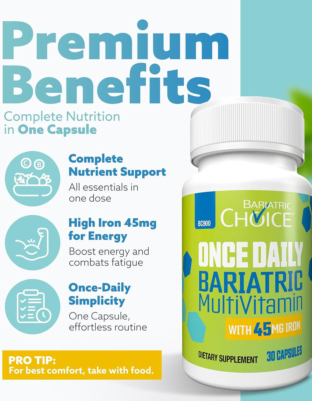 Bariatric Choice Multivitamínico Bariátrico con Hierro 45 mg – Cápsula de una toma diaria para pacientes de bypass gástrico y gastrectomía en manga – 30 cápsulas