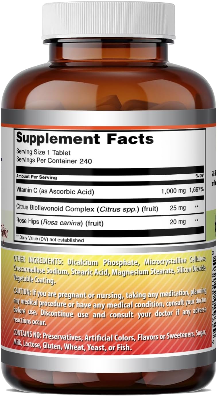 Amazing Formulas Vitamina C con Escaramujo y Bioflavonoides Cítricos | 240 Comprimidos | No Transgénico | Sin Gluten
