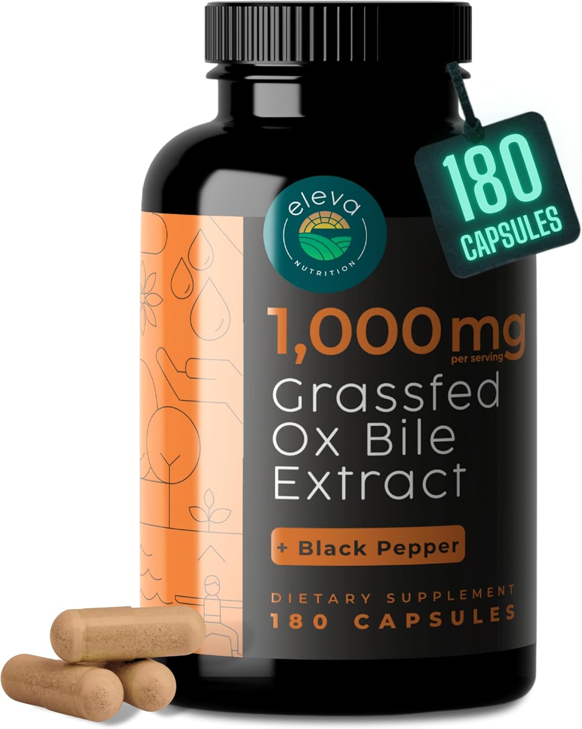 Eleva Nutrition Bilis de Buey 1000 mg – 180 Cápsulas – Apoyo Digestivo con Pimienta Negra