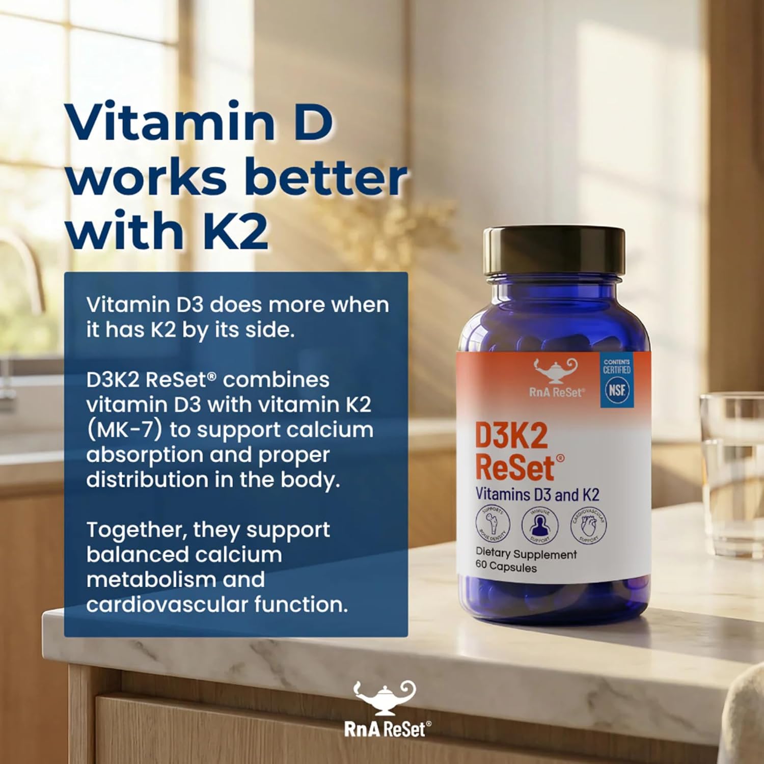 RnA ReSet D3K2 Reset – 4000 UI Vitamina D3 y 100 mcg K2 (60 Cápsulas) NSF Certified