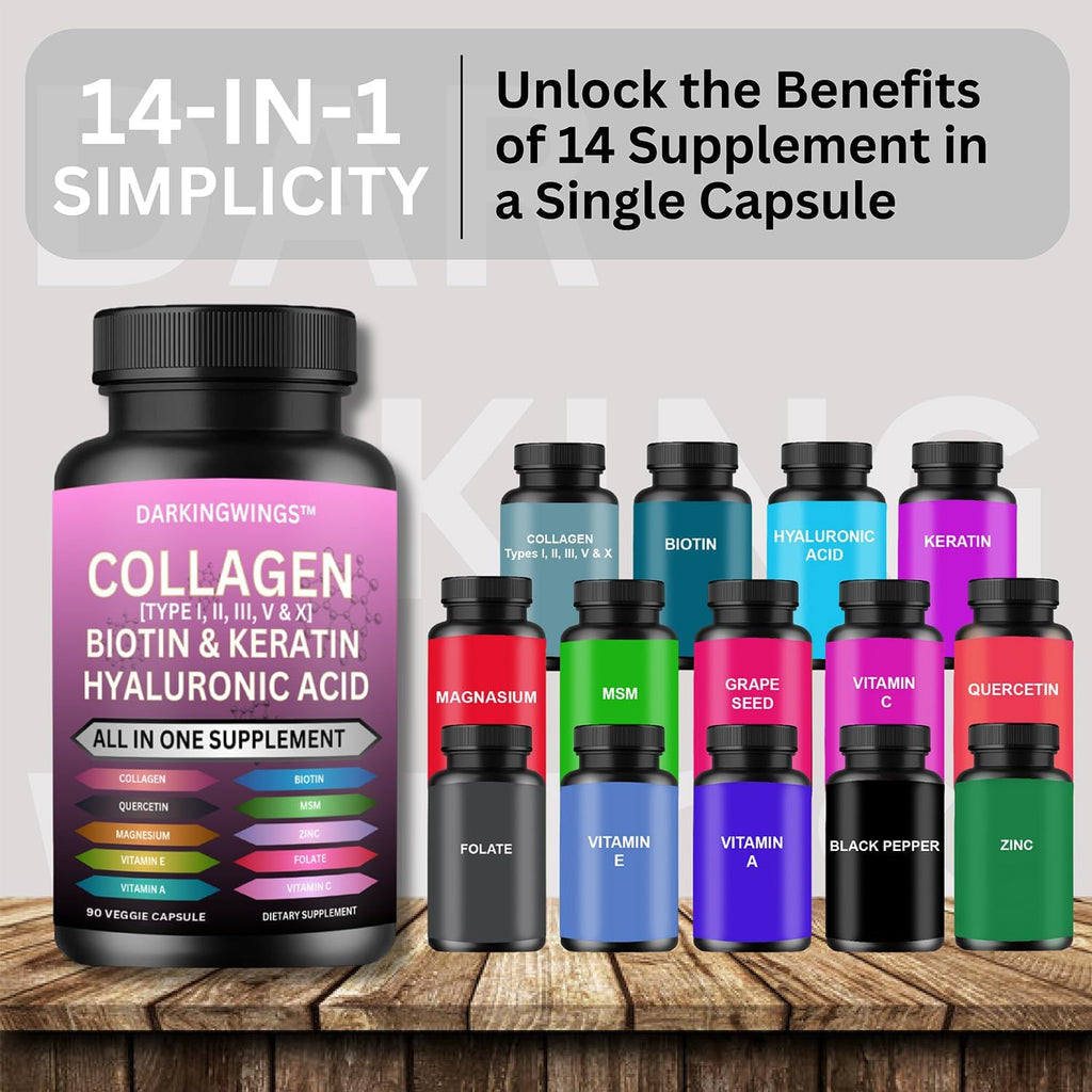 Darkingwings Multi Collagen Pills - Complejo de Colágeno con Biotina, Keratina y Ácido Hialurónico