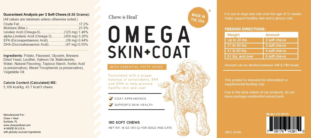 Omega 3 Fish Oil for Dogs - 180 Soft Chews - Itch Relief, Shedding & Hot Spots - Skin and Coat Supplement - Salmon Oil, EPA & DHA - Allergy Chews - Made in USA - Chew + Heal
