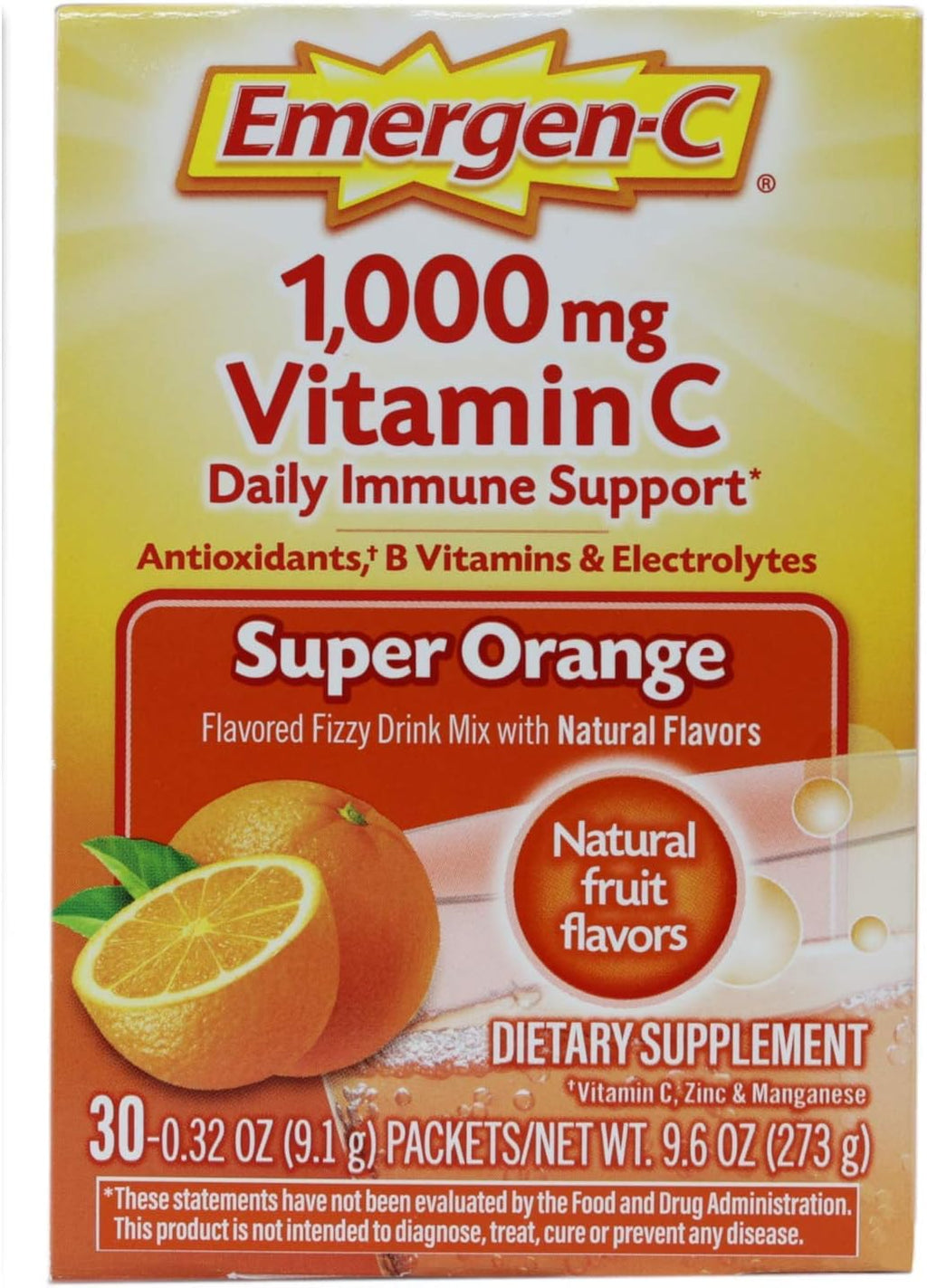 Emergen-C Vitamin C Flavored Fizzy Drink Mix Packets, Super Orange 30 ea ( Pack of 4)