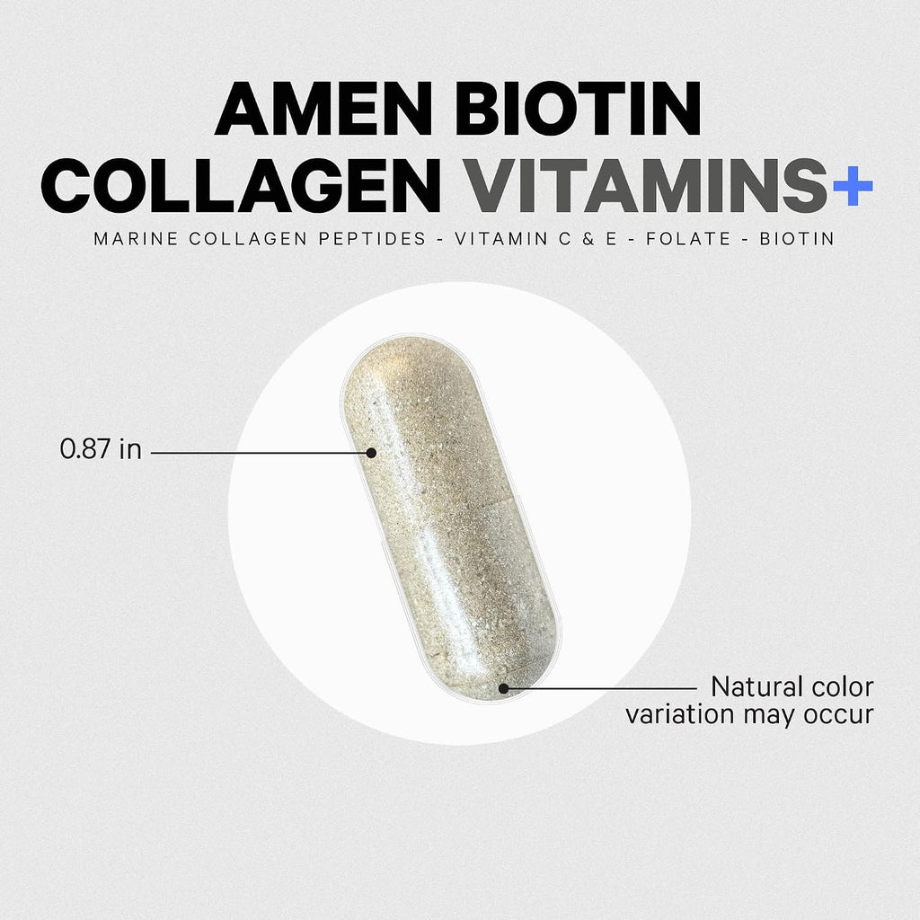 Amen Biotin Collagen Vitamins+ Biotina 10.000 mcg con Colágeno Marino, 90 Cápsulas