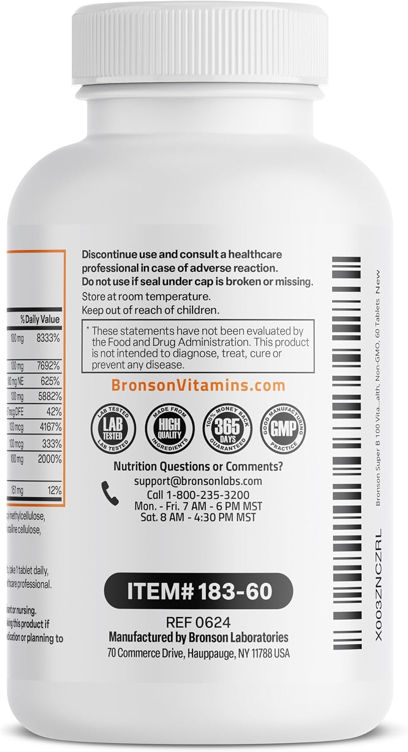 Bronson Super B100 Complejo de Vitamina B Liberación Sostenida con Todas las Vitaminas B (Vitamina B1, B2, B3, B6, B9 - Ácido Fólico, B12), 60 Comprimidos
