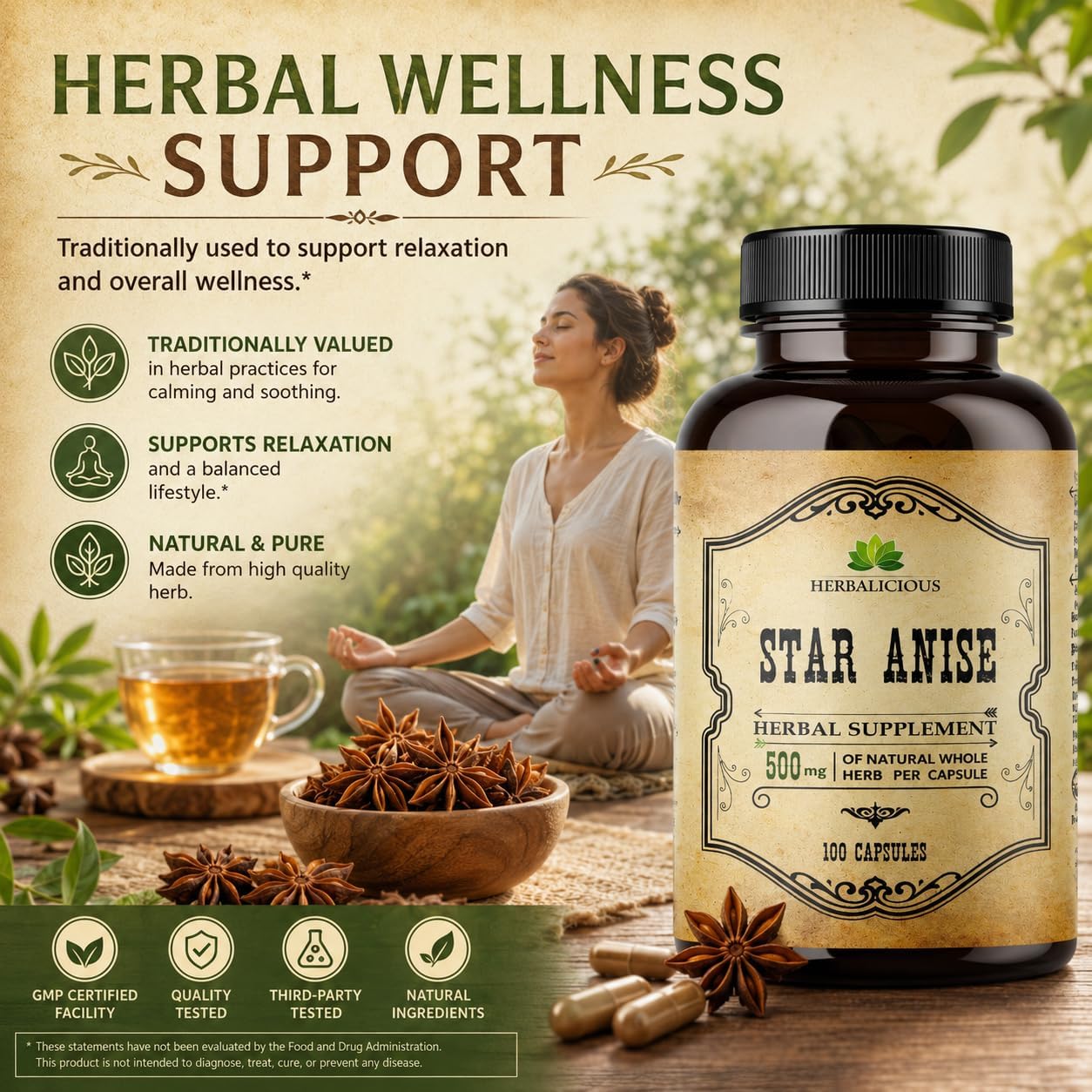 HERBALICIOUS Suplemento de Anís Estrellado Orgánico – 100 Cápsulas – 1000mg – Sin Rellenos ni Conservantes