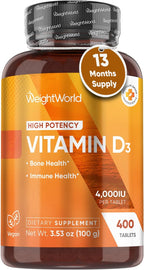 WeightWorld Vitamina D3 4000 IU (100 mcg) - 400 Comprimidos Veganos de Colecalciferol de Liquen