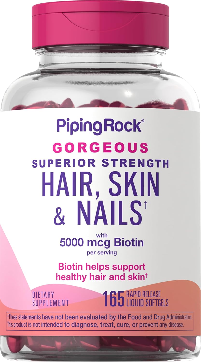 Piping Rock Vitaminas para Cabello, Piel y Uñas, 165 Cápsulas Blandas, 5000 mcg de Biotina Extra Fuerte, con Aceite de Argán y Coco, Sin OGM, Sin Gluten