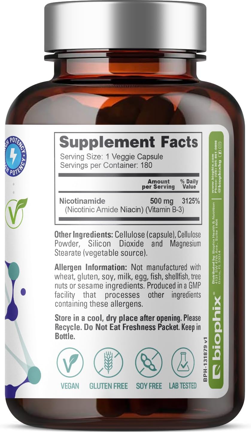 biophix B-3 Nicotinamida 500 mg 180 cápsulas - Fórmula de vitamina B3 sin enrojecimiento
