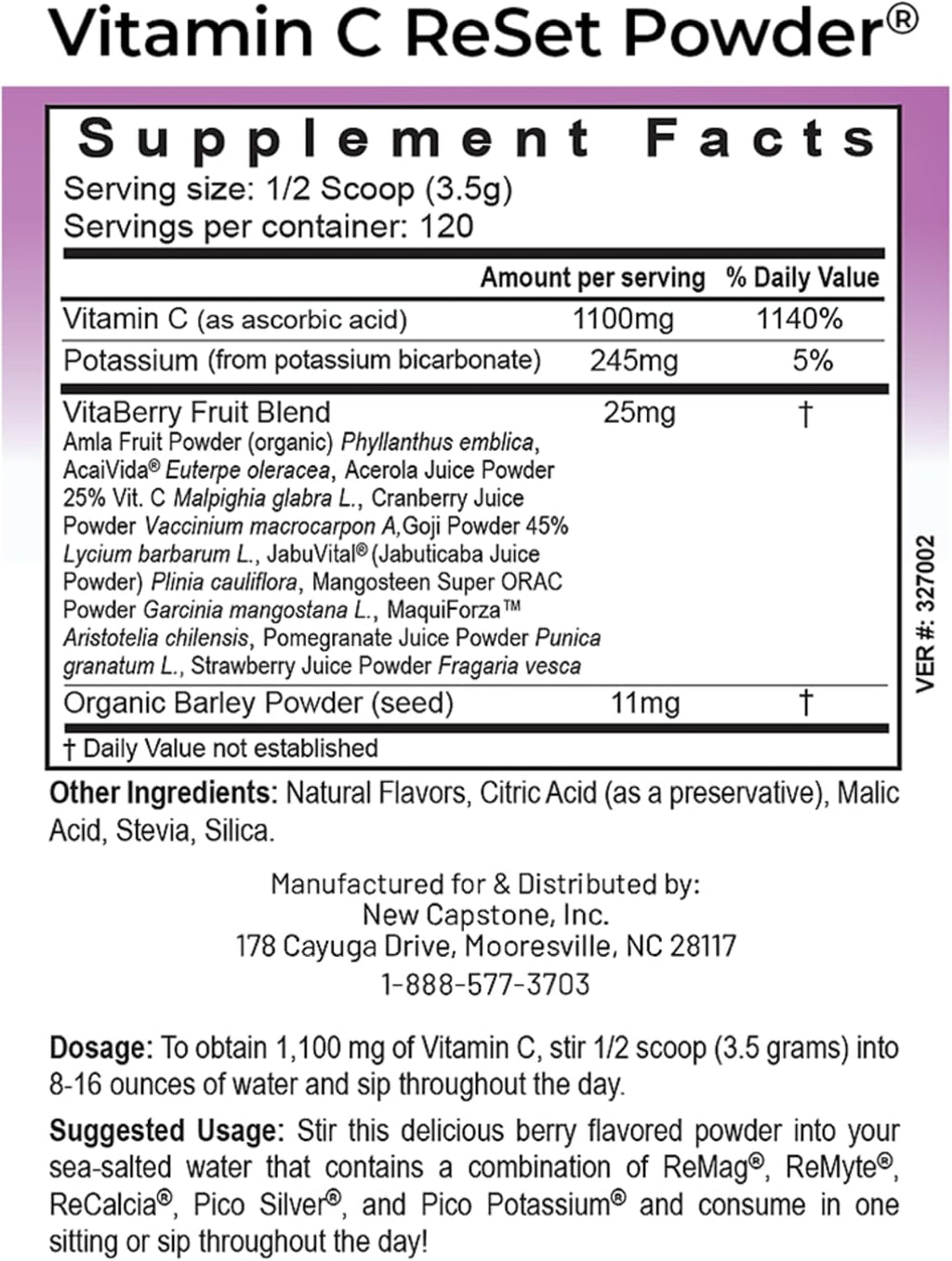 RnA ReSet Vitamin C Reset – Vitamina C en Polvo Sabor Berry con Potasio y Mezcla de Frutas, NSF Certificado, 14.81 Oz (120 Servicios)
