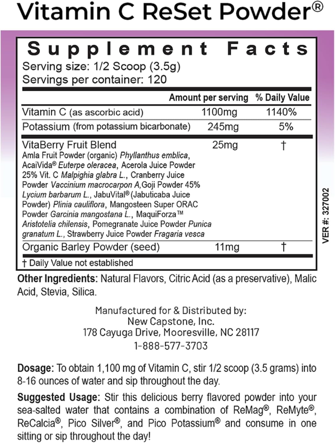 RnA ReSet Vitamin C Reset – Vitamina C en Polvo Sabor Berry con Potasio y Mezcla de Frutas, NSF Certificado, 14.81 Oz (120 Servicios)