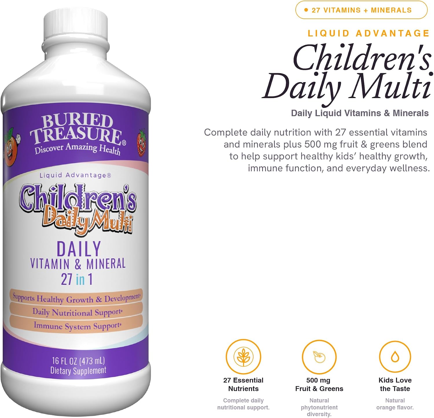 Buried Treasure Multivitamínico Líquido Infantil – 27 Vitaminas y Minerales con Superalimentos – Sin Azúcar, Vegano, Sabor Naranja Mango