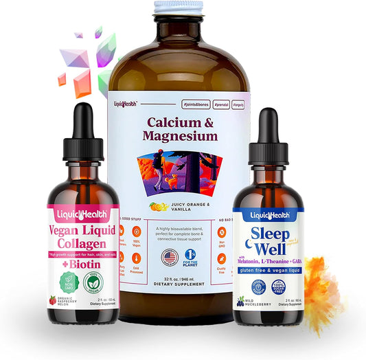 LIQUIDHEALTH Pack de Belleza y Sueño Vegano: Colágeno Líquido, Calcio Magnesio y Melatonina