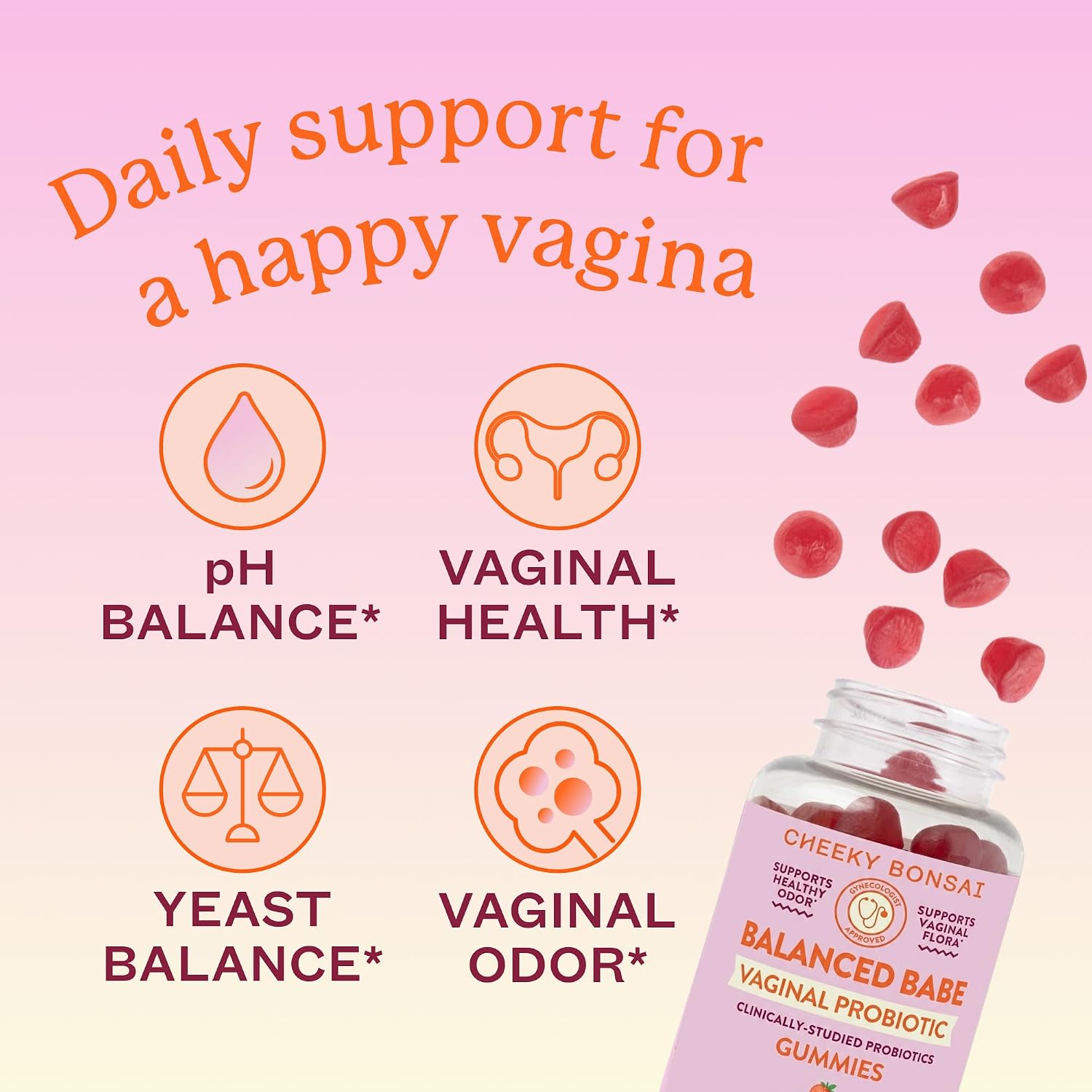 Cheeky Bonsai Balanced Babe - Gominolas probióticas vaginales, 5B UFC, Sabor fresa, 60 uds.