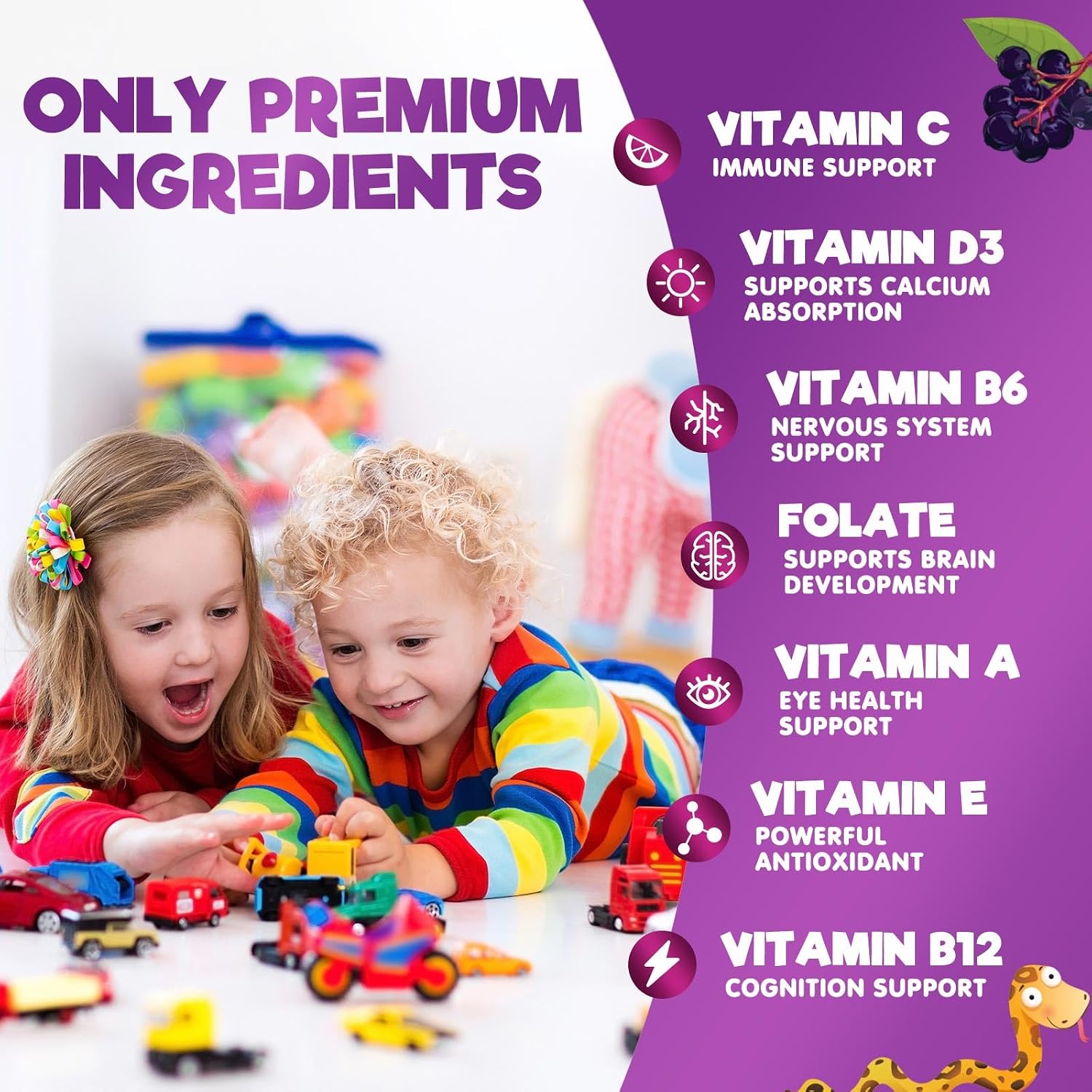 Multivitamínico Infantil Gomitas - Complejo de Vitaminas Diarias para Niños con Vitamina D, Vitaminas B, Zinc y Más - Apoyo Energía, Memoria y Sistema Inmunológico - Sabor Bayas Natural - 60 Gomitas