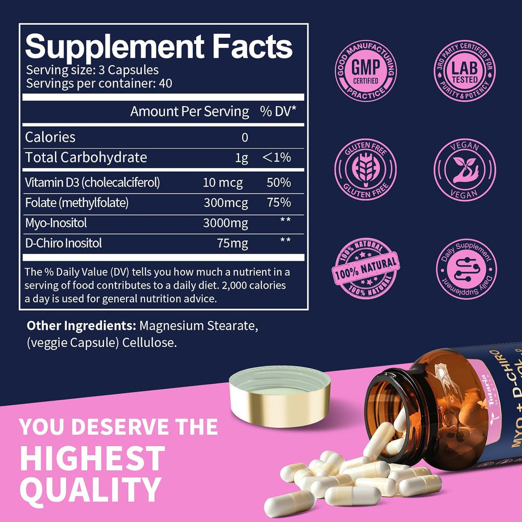 Totaria Myo-Inositol & D-Chiro Inositol 40:1 con Vitamina D3 y Folato - 120 Cápsulas Vegetales