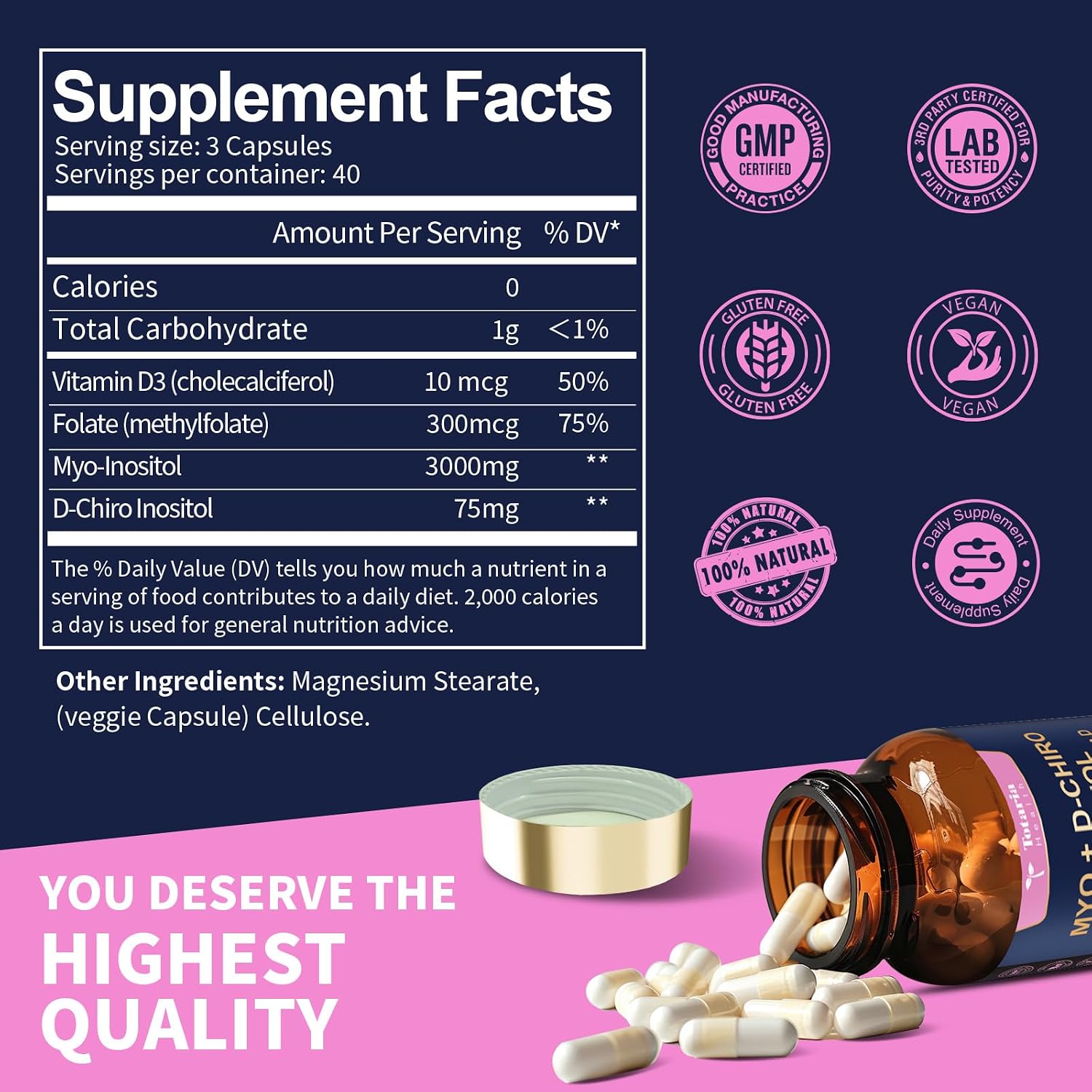 Totaria Inositol para Mujeres con Vitamina D3 y Folato - Complejo Myo-Inositol y D-Chiro Inositol 40:1 (Vitamina B8) - Pack de 2 botes