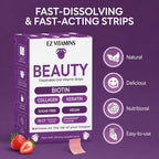 EZ VITAMINS Tiras Orales de Biotina, Vitamina E, Colágeno y Folato - Sabor Fresa - 30 Tiras