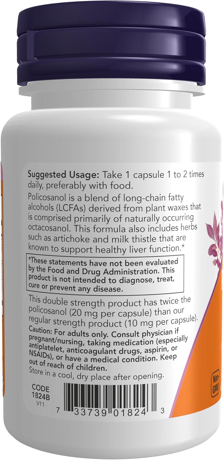 NOW Foods Policosanol 20 mg, doble concentración, 90 cápsulas veganas