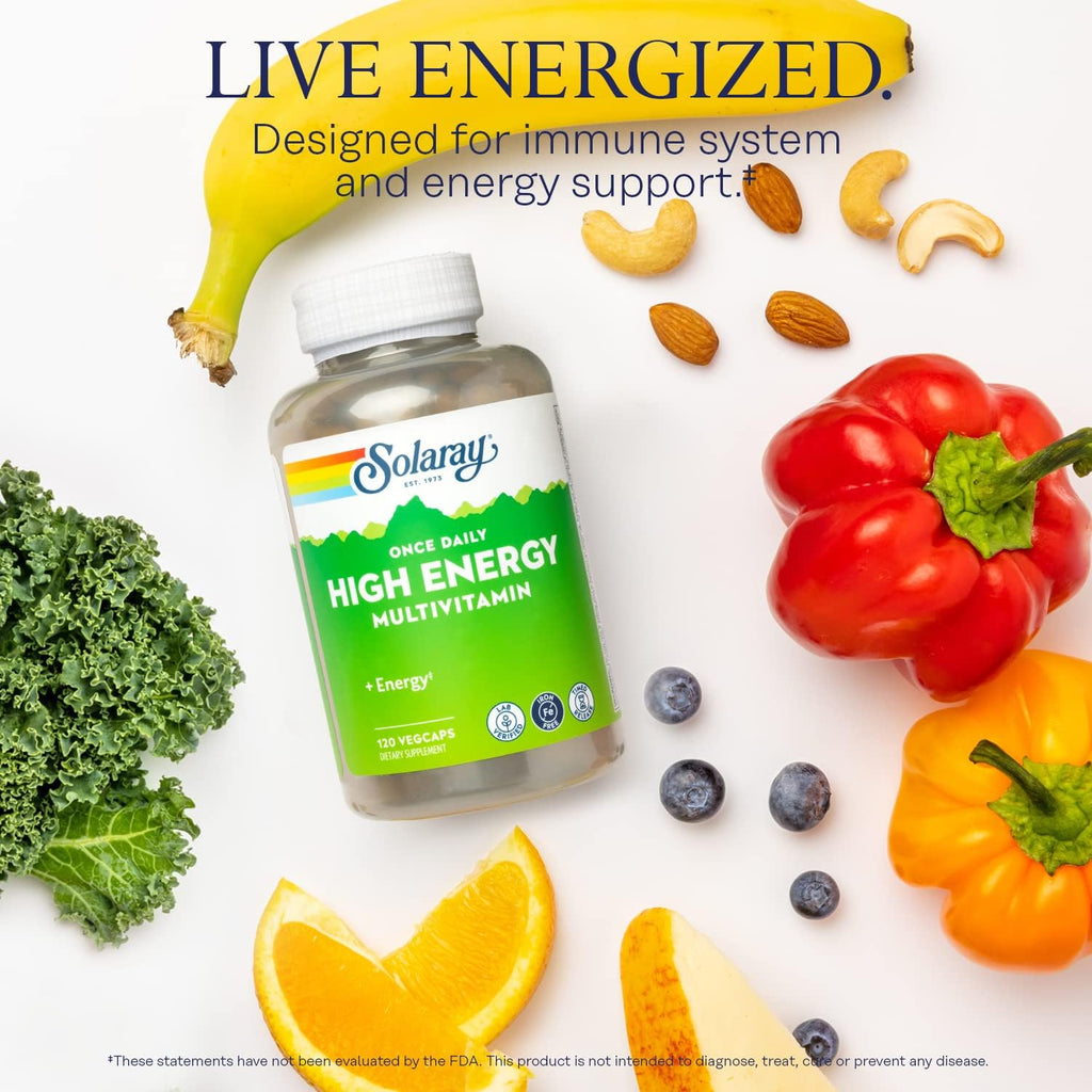 SOLARAY High Energy Multivitamin – Sin Hierro, 1 al Día, Liberación Prolongada, Base de Alimentos Integrales y Hierbas, 120 Cápsulas Veganas